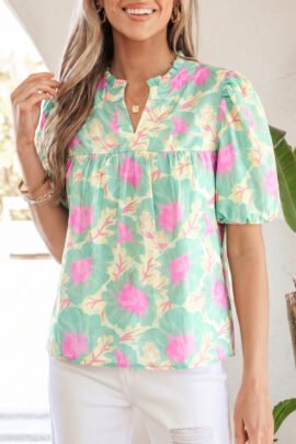 Pink Short Bubble Sleeve Summer Floral Blouse Pink Short Bubble Sleeve Summer Floral Blouse - Image 7