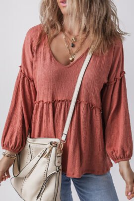 Mineral Red Solid Color Textured Frilled Trim V Neck Puff Sleeve Blouse Mineral Red Solid Color Textured Frilled Trim V Neck Puff Sleeve Blouse - Image 5