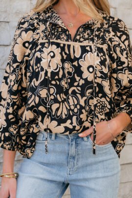 Black Floral Shirred Yoke Bracelet Sleeve Split Neck Boho Blouse Black Floral Shirred Yoke Bracelet Sleeve Split Neck Boho Blouse - Image 6