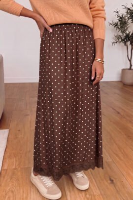 Brown Polka Dot Lace Hem Elegant Long Shift Skirt - Image 3