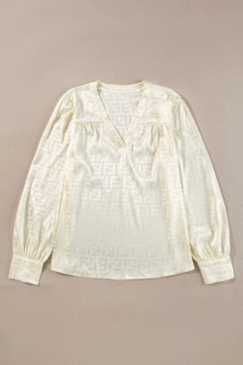 Oatmeal Geometric Jacquard V Neck Bishop Sleeve Blouse Oatmeal Geometric Jacquard V Neck Bishop Sleeve Blouse - Image 3