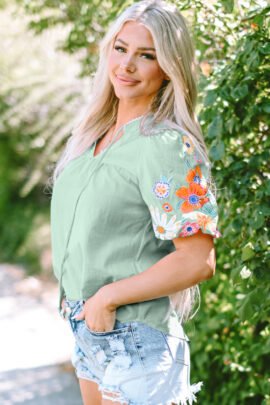 Beau Blue Floral Embroidered Puff Sleeve Split Neck Blouse Beau Blue Floral Embroidered Puff Sleeve Split Neck Blouse - Image 9