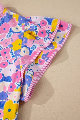 Pink Playful Floral Print Striped Color Block Patchwork V Neck Flutter Sleeve Blouse - Image 6
