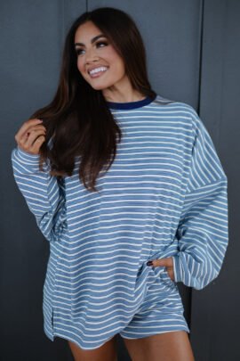 Sky Blue Stripe Long Sleeve Oversized Top Pocketed Casual Shorts Two Piece Set Sky Blue Stripe Long Sleeve Oversized Top Pocketed Casual Shorts Two Piece Set - Image 3