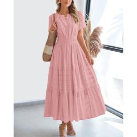 Boho Flowy Pleated Tiered V Neck Maxi Dress - Image 2