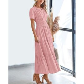 Boho Flowy Pleated Tiered V Neck Maxi Dress - Image 4