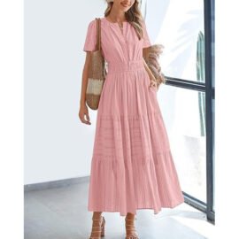 Boho Flowy Pleated Tiered V Neck Maxi Dress - Image 5