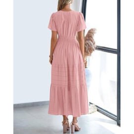 Boho Flowy Pleated Tiered V Neck Maxi Dress - Image 6