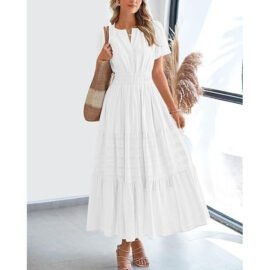 Boho Flowy Pleated Tiered V Neck Maxi Dress - Image 7