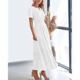 Boho Flowy Pleated Tiered V Neck Maxi Dress - Image 9