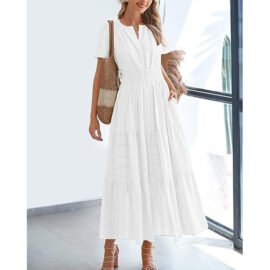 Boho Flowy Pleated Tiered V Neck Maxi Dress - Image 10