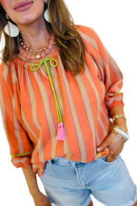 Orange Stripe Tassel Tie Neck Bracelet Sleeve Cotton Blouse - Image 5