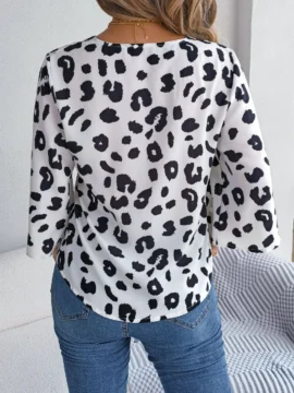 Leopard Print Tie Front V-Neck Blouse - Image 2