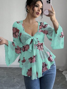 Sweet Floral Ombre Tie-Back Square Neck Long Sleeve Blouse Sweet Floral Ombre Tie-Back Square Neck Long Sleeve Blouse - Image 10