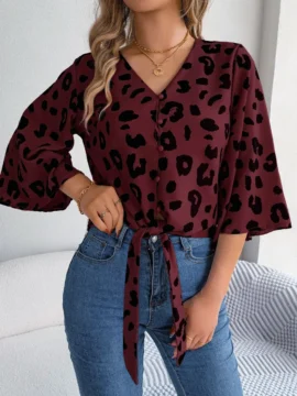 Leopard Print Tie Front V-Neck Blouse - Image 10