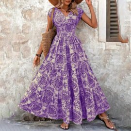 Boho Floral Print V Neck Maxi Dress - Image 6
