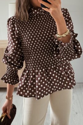 Brown Polka Dot Ruffled High Neck Shirred Ruffle Hem Blouse