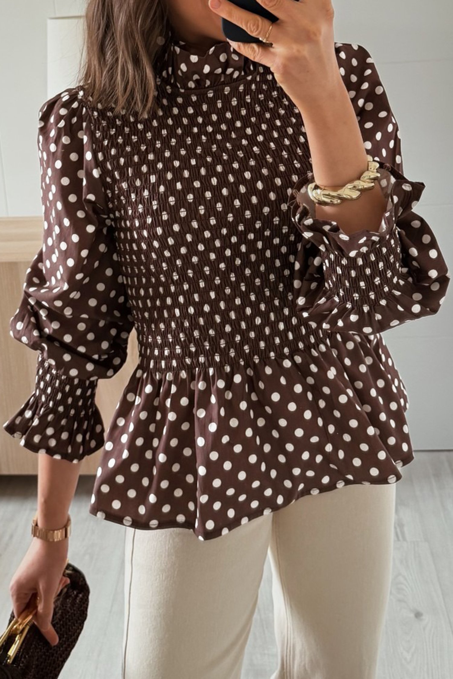 Brown Polka Dot Ruffled High Neck Shirred Ruffle Hem Blouse Brown Polka Dot Ruffled High Neck Shirred Ruffle Hem Blouse
