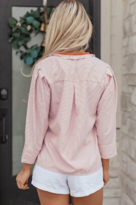 Khaki Stripe Color Block Patchwork Detail Frilled Collar Button Down Shirt Khaki Stripe Color Block Patchwork Detail Frilled Collar Button Down Shirt - Image 2