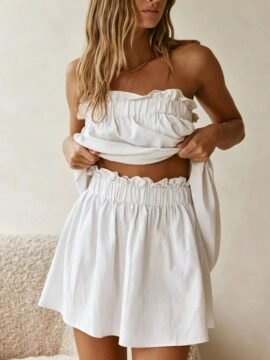 Ruched Strapless Top and High Waist Ruffle Skirt Set S-3XL