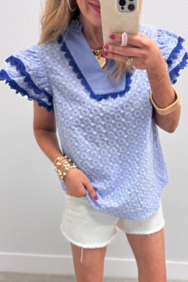 Pink Eyelet Embroidered Flower Texture Contrast Lace Trim Flutter Sleeve Blouse Pink Eyelet Embroidered Flower Texture Contrast Lace Trim Flutter Sleeve Blouse - Image 4