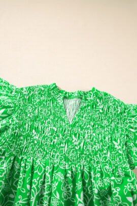 Green Floral Flutter Sleeve Shirred Notched Neck Plus Size Blouse Green Floral Flutter Sleeve Shirred Notched Neck Plus Size Blouse - Image 7