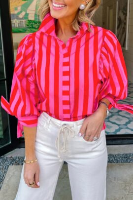 Blue Stripe Tie Puff Sleeve Womens Button Down Shirt Blue Stripe Tie Puff Sleeve Womens Button Down Shirt - Image 6