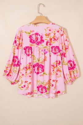 Pink Floral Print Tie Neck Puffy Half Sleeve Blouse - Image 5