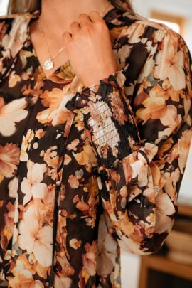Black Floral V Neck Long Puff Sleeve Breezy Blouse - Image 5