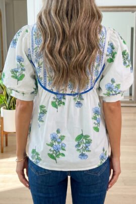White Floral Print Contrast Trim Tie Neck Blouse White Floral Print Contrast Trim Tie Neck Blouse - Image 2