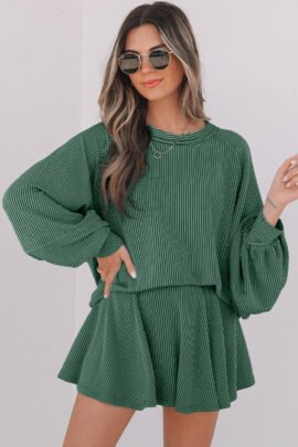 Sky Blue Corded Lantern Sleeve Top High Waist Ruffled Mini Skort Set - Image 10