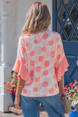 Pink Double Polka Dot Printed Ruffle Trim Short Sleeve Babydoll Shirt - Image 2