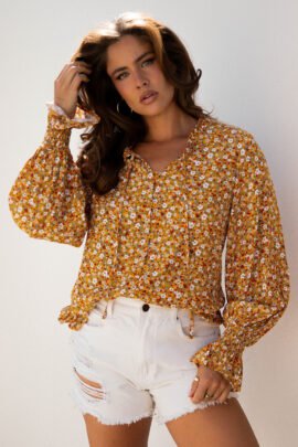 Orange Boho Floral Ruffled Bubble Sleeve V Neck Fall Blouse - Image 5