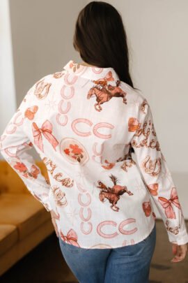 White Rodeo Cowgirl Print Western Button up Shirt - Image 2