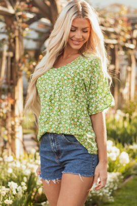 Green Floral Print Ruffle Sleeve V Neck Blouse Top Green Floral Print Ruffle Sleeve V Neck Blouse Top - Image 4