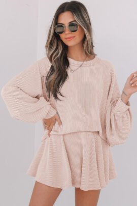 Sky Blue Corded Lantern Sleeve Top High Waist Ruffled Mini Skort Set - Image 7