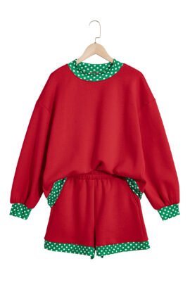 Dark Blue Polka Dot Trim Baggy Pullover 2pcs Short Set - Image 45