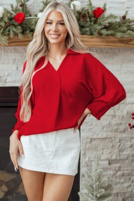 Fiery Red V Neck Collared Shirred 3/4 Sleeve Oversized Tunic Top Fiery Red V Neck Collared Shirred 3/4 Sleeve Oversized Tunic Top - Image 5