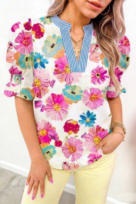 Beige Floral Print Short Puff Sleeve Striped Trim V Neck Blouse Beige Floral Print Short Puff Sleeve Striped Trim V Neck Blouse - Image 2