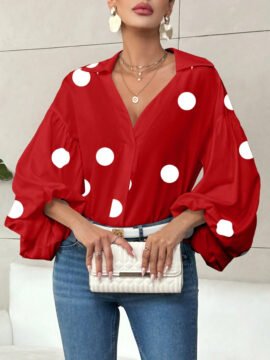 Polka Dot Half-Open Neck Loose Bubble Sleeve Long Sleeve Top Polka Dot Half-Open Neck Loose Bubble Sleeve Long Sleeve Top - Image 9