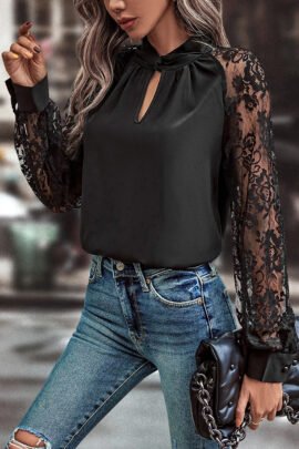 Black Keyhole Neckline Floral Lace Raglan Sleeve Blouse Black Keyhole Neckline Floral Lace Raglan Sleeve Blouse - Image 3