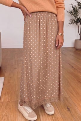 Brown Polka Dot Lace Hem Elegant Long Shift Skirt - Image 14