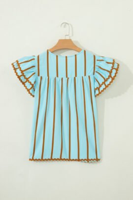 Sky Blue Stripe Ricrac Trim Double Ruffled Short Sleeve V Neck Blouse - Image 6