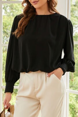 Black Padded Shoulder Buttoned Cuffs Pleated Loose Blouse - Image 6