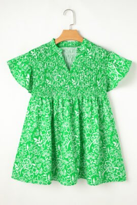 Green Floral Flutter Sleeve Shirred Notched Neck Plus Size Blouse Green Floral Flutter Sleeve Shirred Notched Neck Plus Size Blouse - Image 5