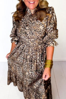 Brown Leopard Print V Neck Long Sleeve Gathered Waist Plus Size Dress Brown Leopard Print V Neck Long Sleeve Gathered Waist Plus Size Dress - Image 4