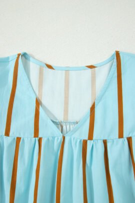 Sky Blue Stripe Ricrac Trim Double Ruffled Short Sleeve V Neck Blouse - Image 7