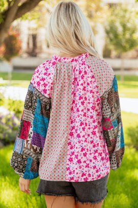 Pink Boho Mixed Floral Drop Shoulder Bubble Sleeve Blouse Pink Boho Mixed Floral Drop Shoulder Bubble Sleeve Blouse - Image 2