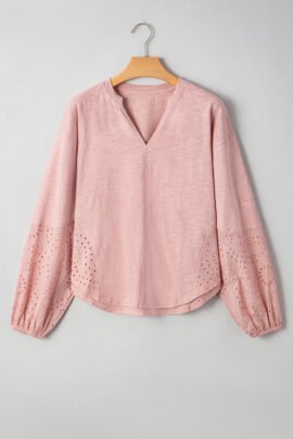 Light Pink Keyhole Notch V Neck Batwing Sleeve Blouse Light Pink Keyhole Notch V Neck Batwing Sleeve Blouse - Image 6