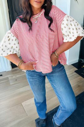 Red Stripe Floral Puff Sleeve Patchwork Round Neck Loose Top Red Stripe Floral Puff Sleeve Patchwork Round Neck Loose Top - Image 3